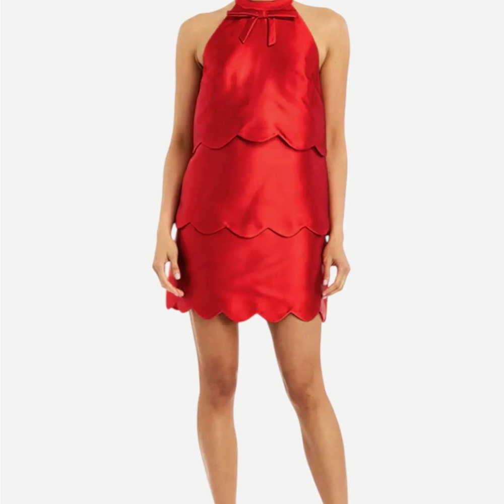 Scalloped Tiered Halter Mini Dress in Red